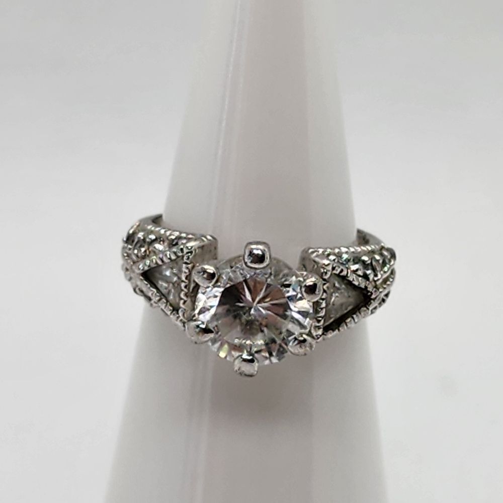 Avon Art Deco Silver Tone & Clear CZ Ring (4.75)